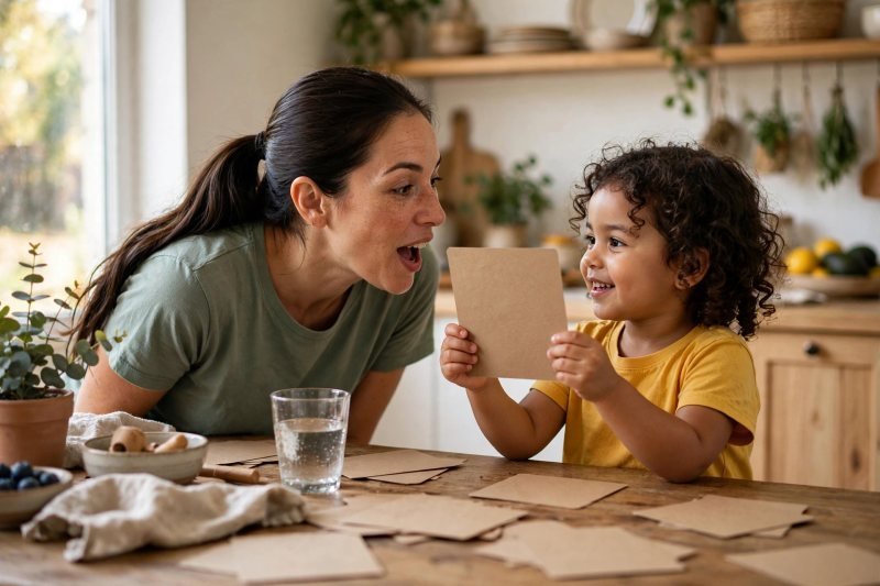 Mother saying a letter sound while her daughter holds up the matching card