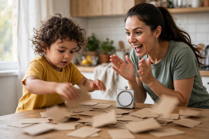 Girl's hands quickly matching letter card pairs beside a kitchen timer on the table