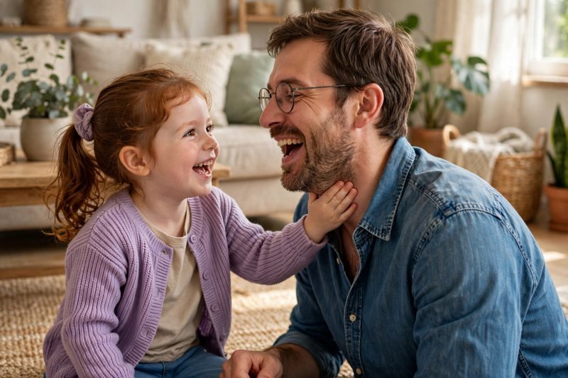 Father's hand on daughter's throat as they compare letter names and sounds