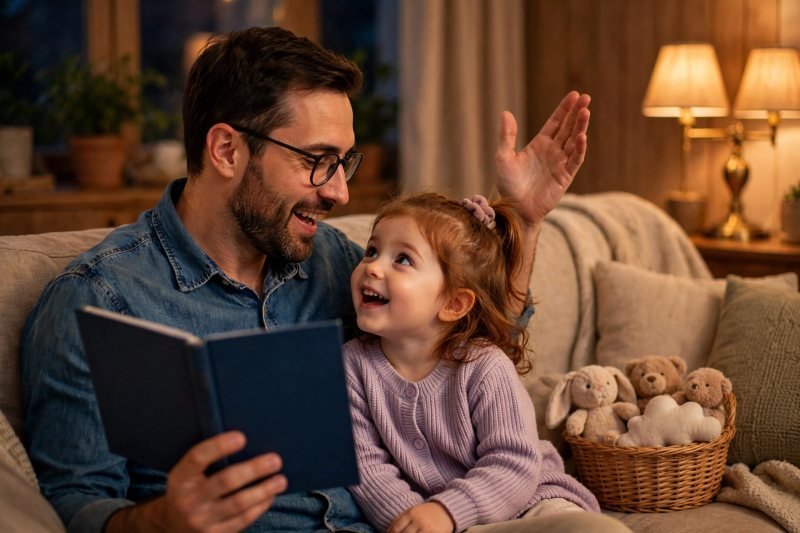 Father reading aloud to his daughter on a cozy couch at bedtime