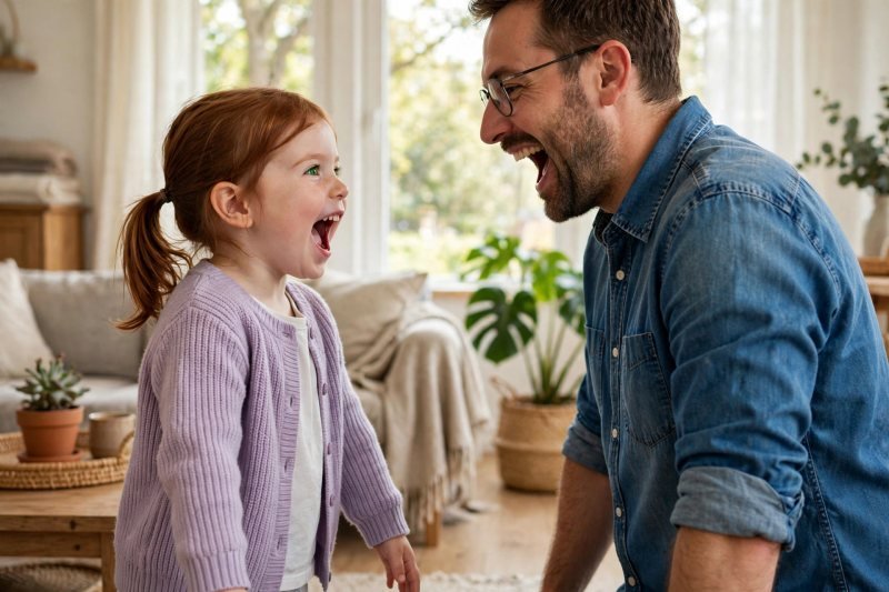 Father and daughter making playful robot faces while stretching out speech sounds