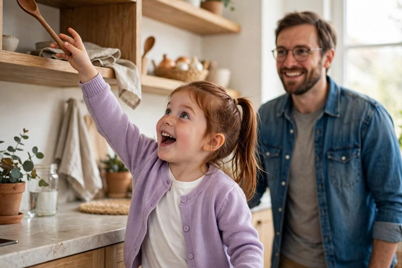 Young girl fetching a spoon from a kitchen shelf during a sound treasure hunt