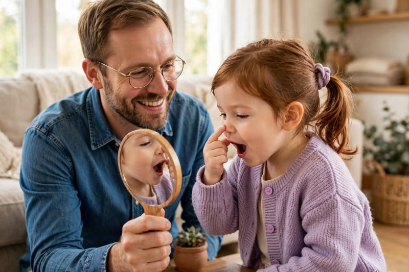 Father holding a small mirror while daughter watches her mouth make sounds