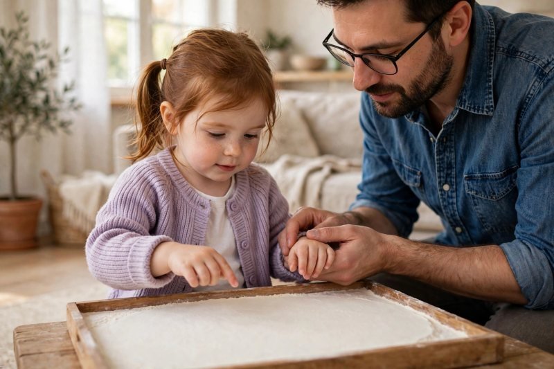 Girl's fingertip hovering above a smooth flour tray before tracing practice