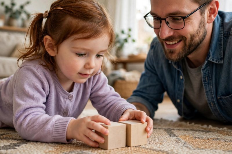 Child's hands pushing two plain wooden blocks together to blend sounds