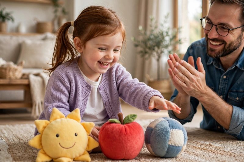 Triumphant girl tapping three soft toys left to right while reading her first word