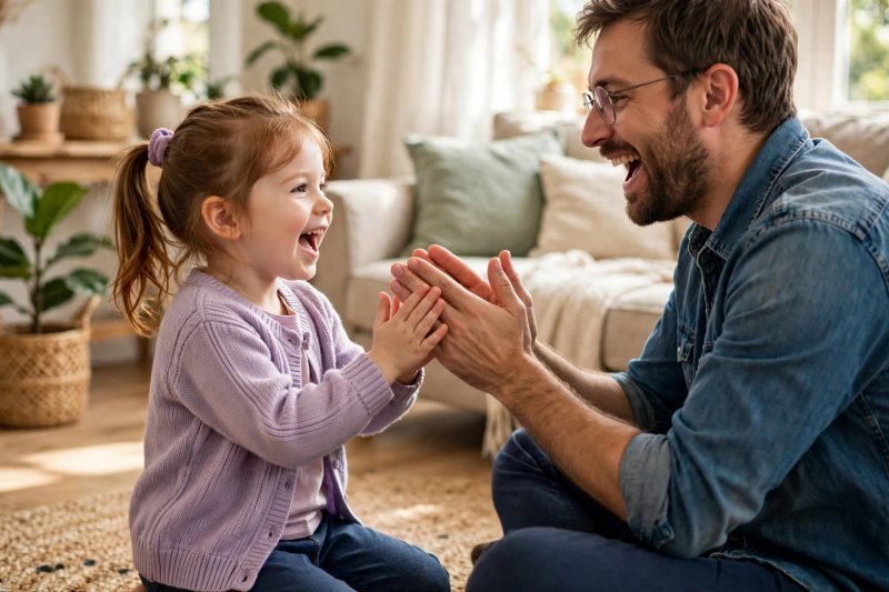 Father and daughter singing and clapping together in a sunny living room