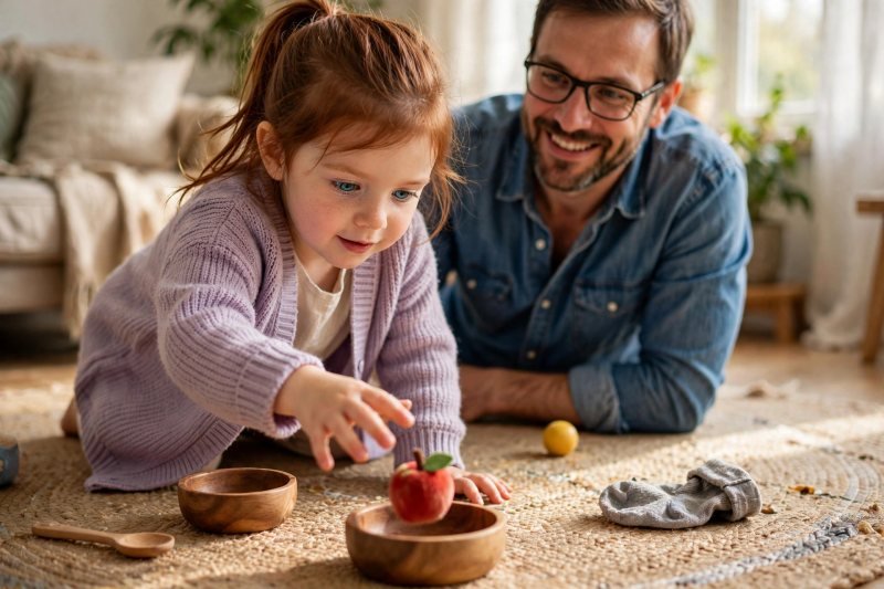 Girl sorting small toys into two bowls by their beginning sounds