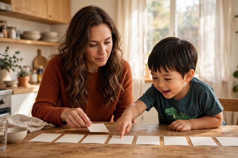 Mother laying out blank letter cards on a table while her young son watches eagerly