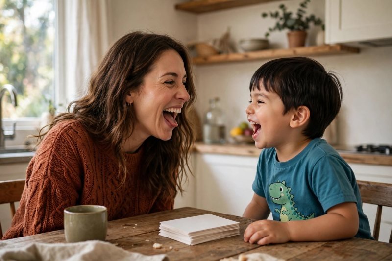 Mother and son doing a quick playful sound recap together at the kitchen table