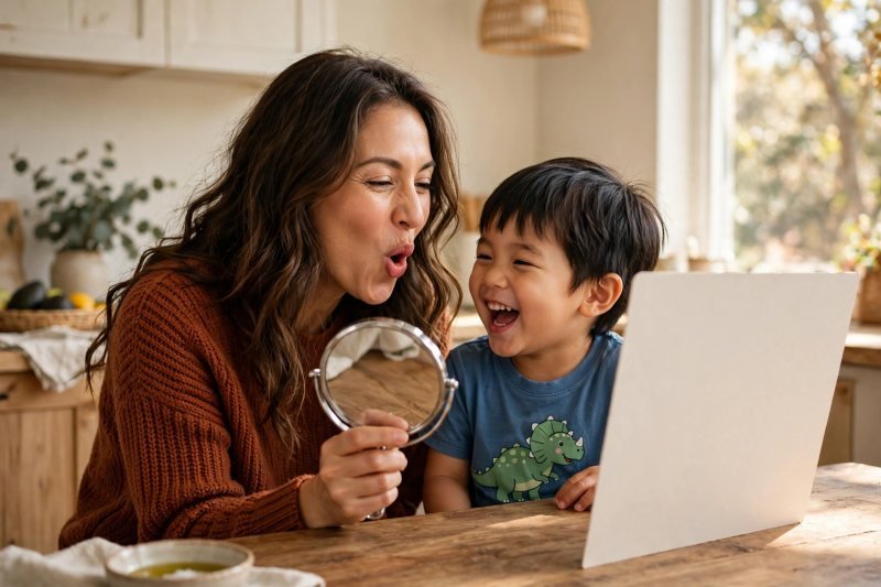 Mother making an exaggerated snake sound face in a mirror as her son copies her