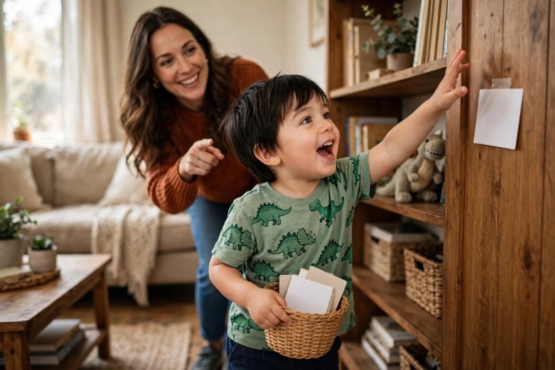 Young boy hunting for hidden cards around a living room carrying a small basket