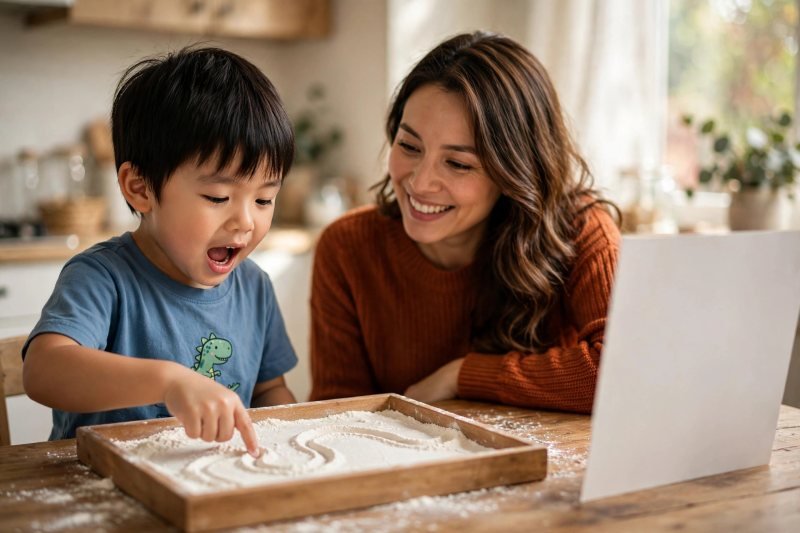 Boy tracing a shape in a flour tray with one finger while mother watches