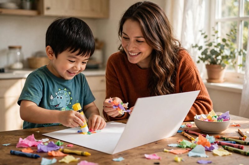 Boy gluing torn paper pieces onto a large card while mother helps at table