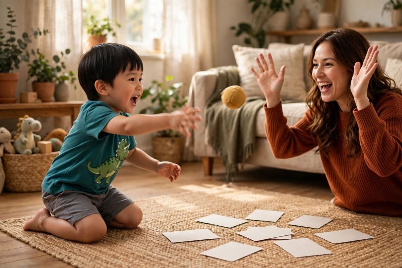 Boy tossing a soft ball toward face-down cards on the floor during a review game