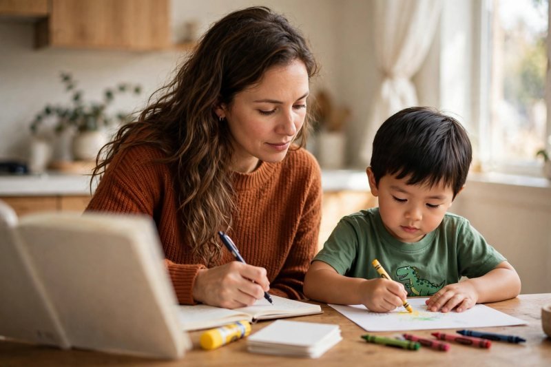 Mother writing a simple weekly plan in a notebook at the kitchen table