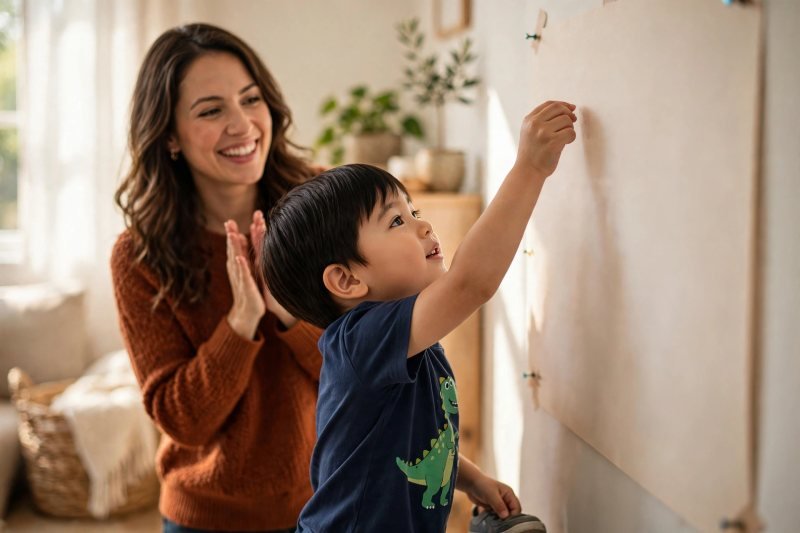 Boy placing a sticker on a wall progress chart while his mother applauds
