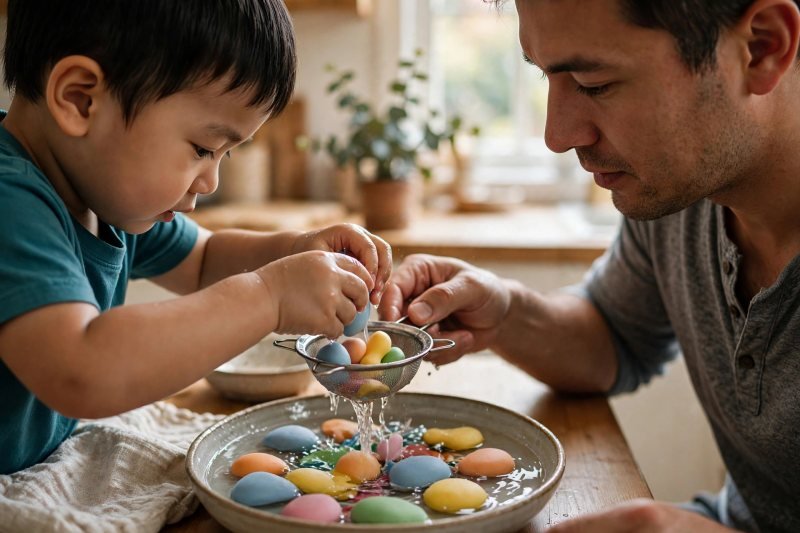 Small hands fishing colorful shapes from a water bowl with a tiny sieve