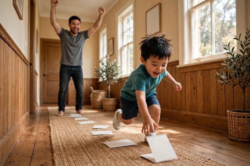 Preschool boy sprinting down a hallway to flip a face-down card