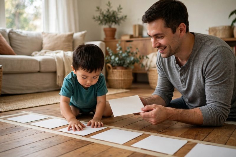 Preschool boy lining up blank card squares along a masking-tape floor track