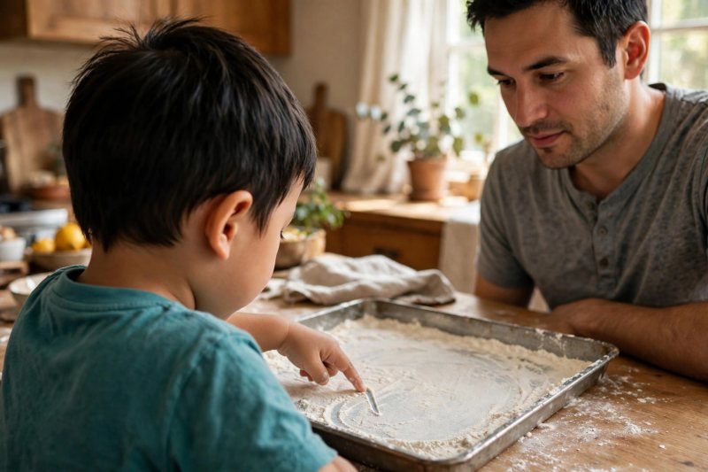 Child's finger drawing in a flour tray on a bright kitchen table