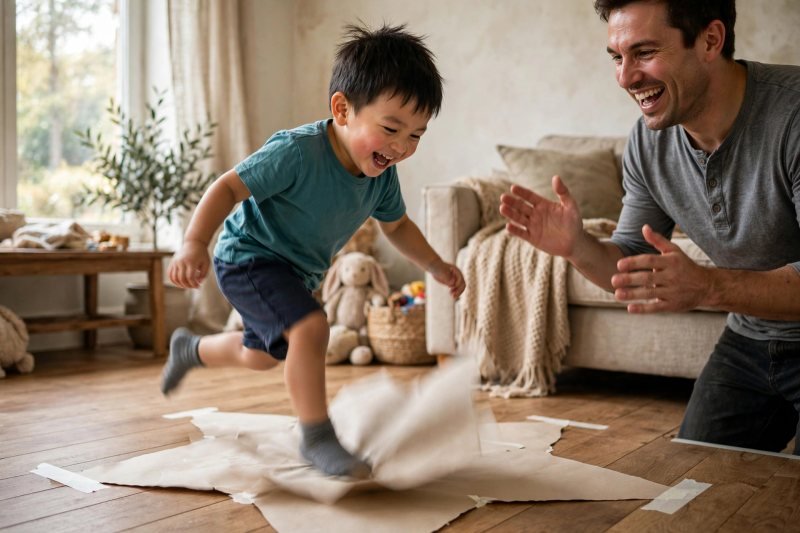 Laughing preschool boy mid-stomp on a taped floor shape, father cheering