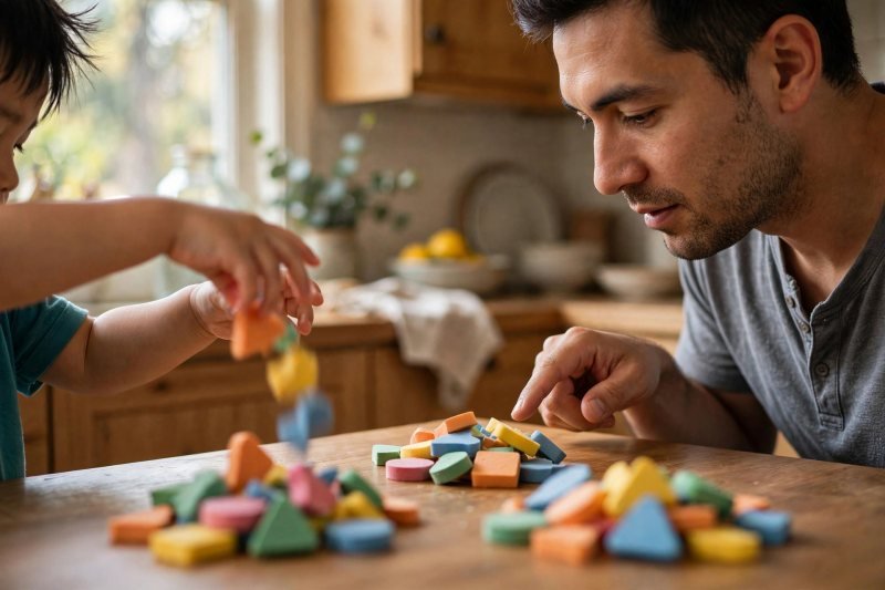 Small hands sorting colorful shapes into matching piles on a table