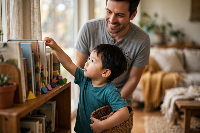 Preschool boy carrying a small basket, hunting shapes on a bookshelf