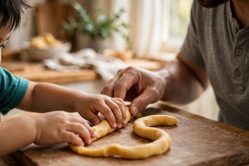 Child's hands rolling and bending a playdough snake with father's help