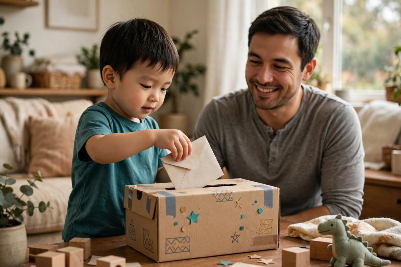 Preschool boy dropping a folded paper letter into a shoebox postbox