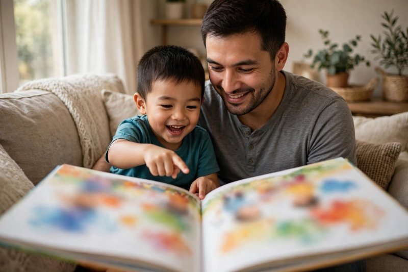 Father and son reading a big picture book together on a couch