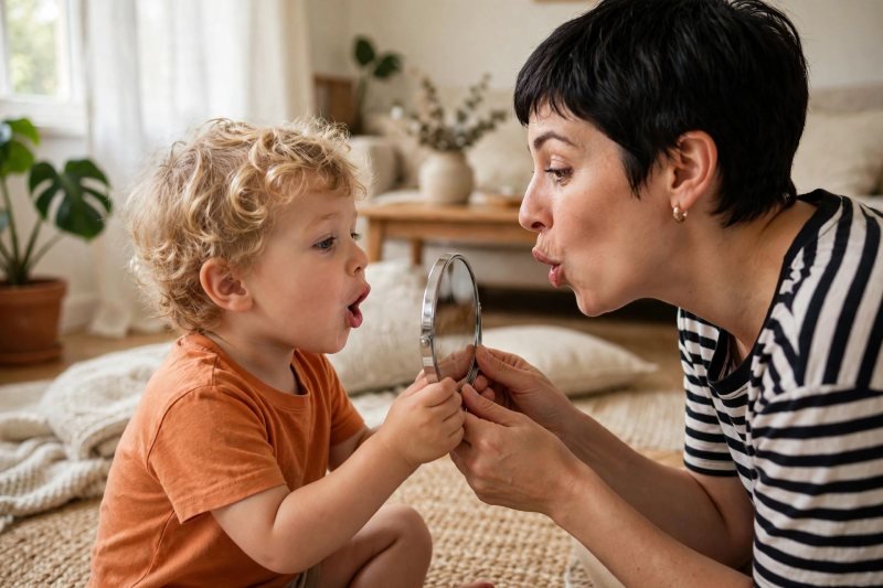 Mother and son making exaggerated mouth shapes together at a small hand mirror