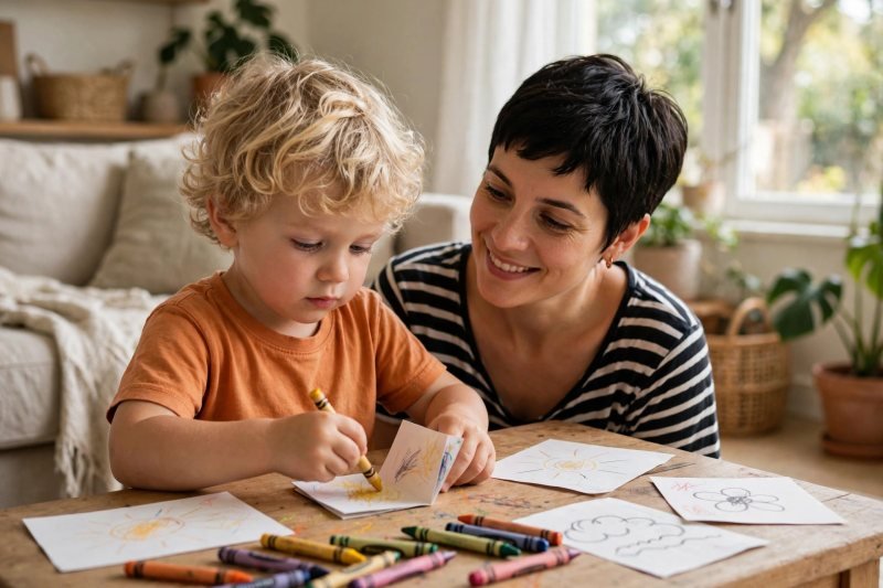 Boy drawing in a small folded booklet while his mother watches warmly