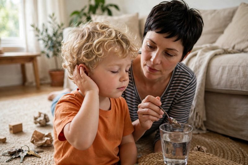 Boy listening with hand cupped to ear while mother taps a glass nearby
