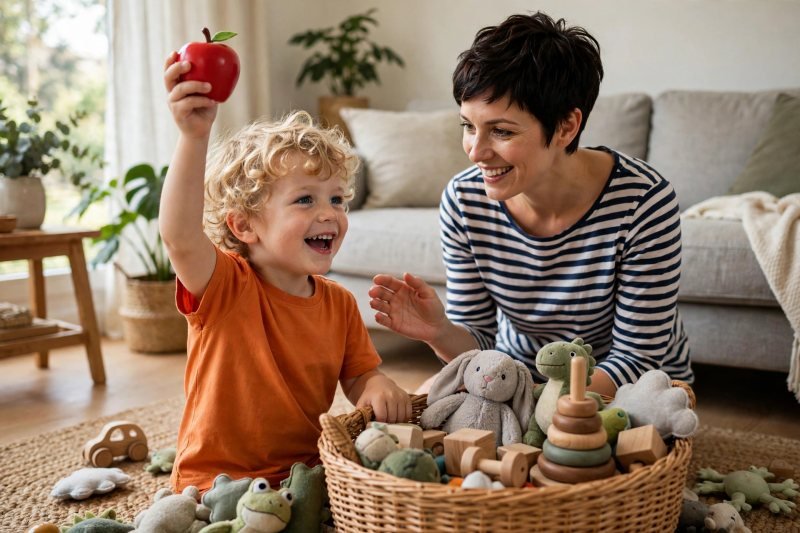 Boy triumphantly holding up a toy apple found during a treasure hunt