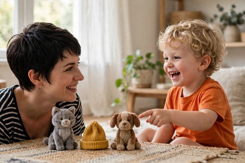 Mother and son laughing while pointing at one of three lined-up toys