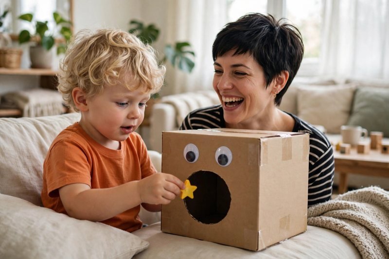 Boy feeding a toy into a cardboard box monster's big cut-out mouth