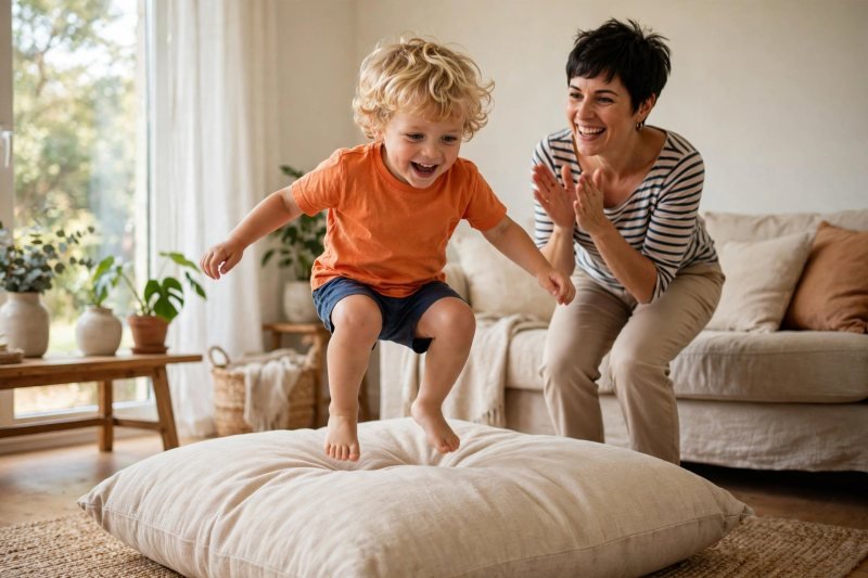 Boy mid-jump stomping a cushion while his mother claps beside him