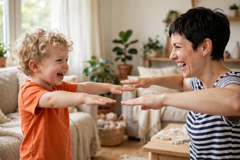 Mother and son laughing with stiff robot arms in the living room