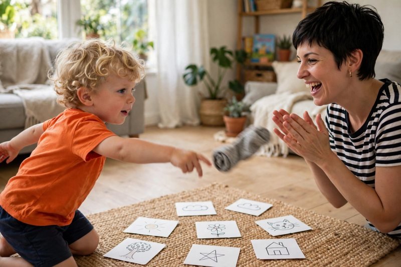 Boy tossing a rolled sock toward picture cards on the floor
