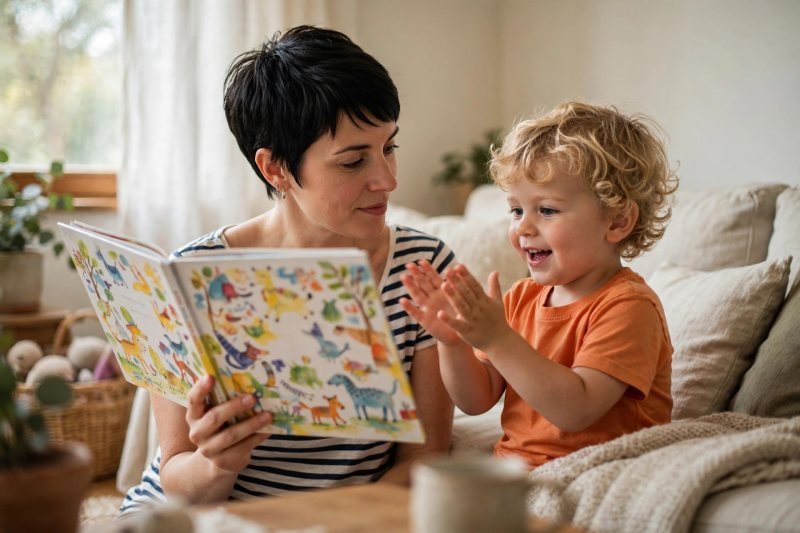 Mother reading a picture book while the boy claps beside her