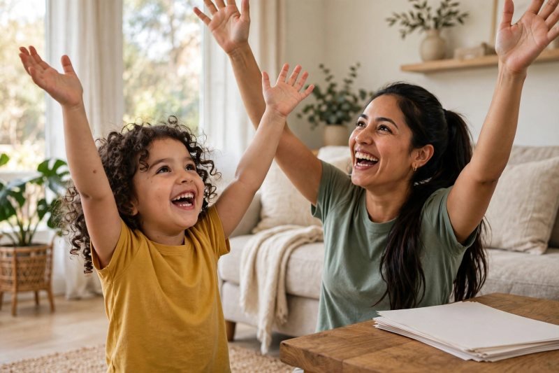Mother and daughter tracing giant invisible letters in the air with raised arms.