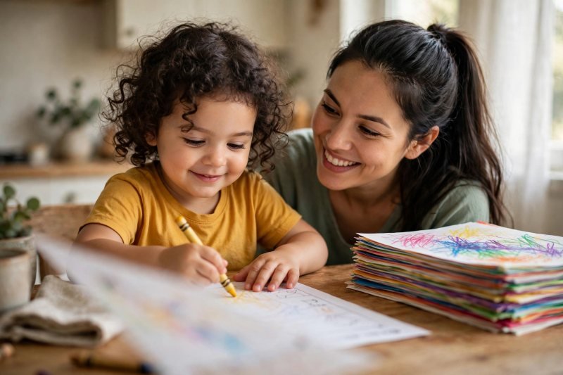 Girl proudly drawing on a blank worksheet line beside her smiling mother.