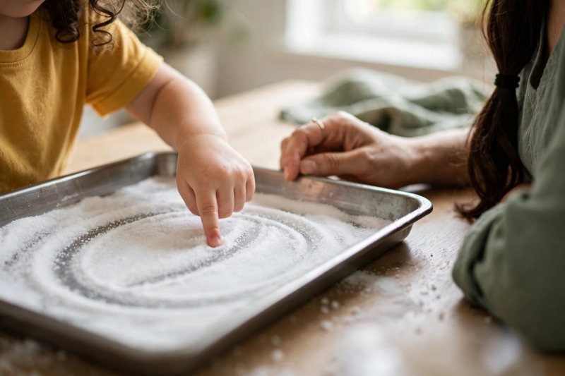 Little girl's finger tracing a letter shape through salt in a baking tray.