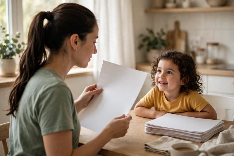 Mother flipping over one giant-letter worksheet page while her daughter watches.