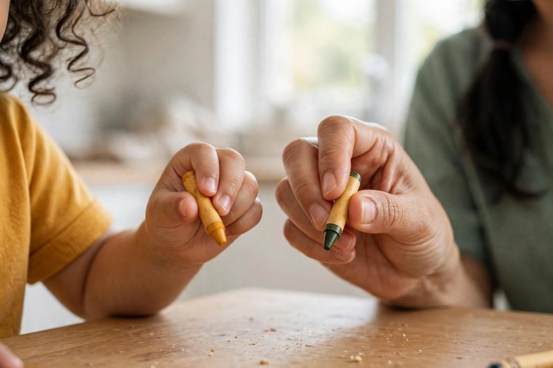 Close-up of a small hand pinching a short crayon beside mother's guiding hand.
