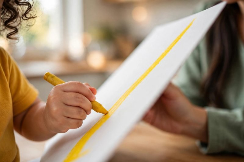 Girl tracing a crayon over a thick highlighted guide line on blurred worksheet.