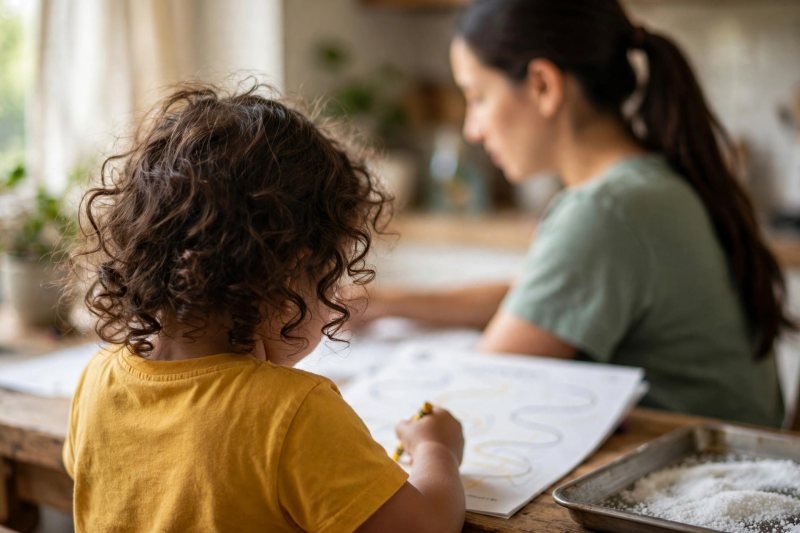 Girl tracing a wavy road path on a worksheet, seen over her shoulder.