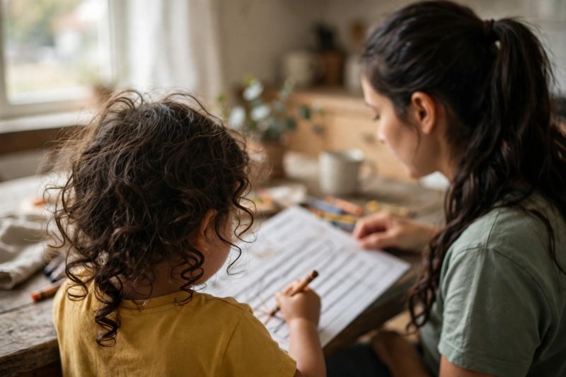 Girl tracing thick straight guide lines on an angled, blurred worksheet page.