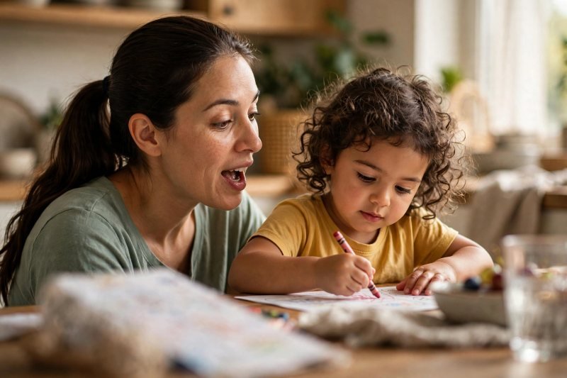 Mother teaching aloud beside her daughter who chants while tracing a letter.
